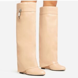 I-Am-The-One Padlock Detail Wedge Heel Knee High Long Boot In Nude Faux Leather
